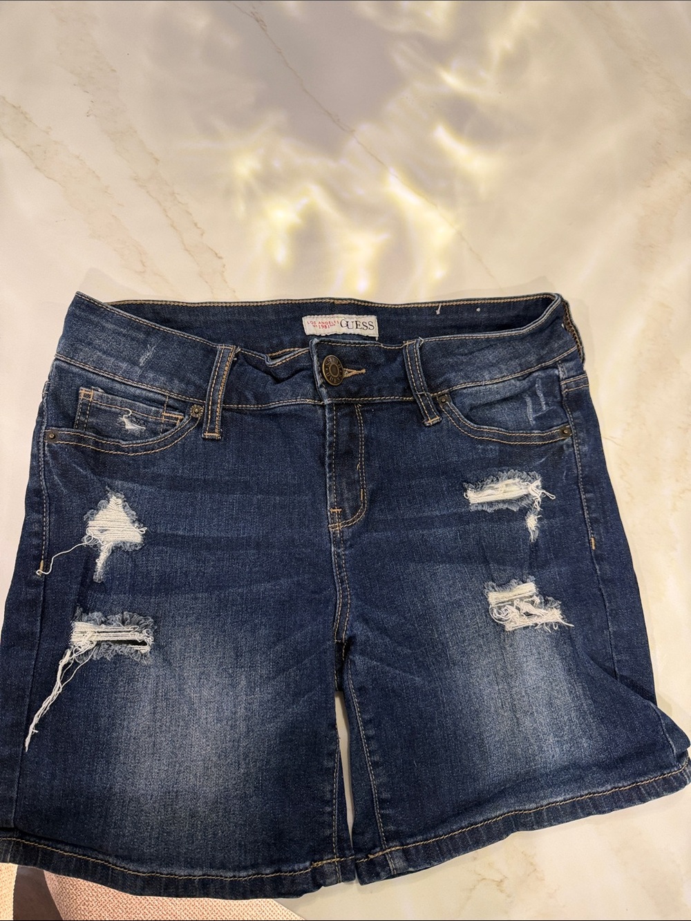 GUESS Dark Blue Distressed Womens Denim Shorts